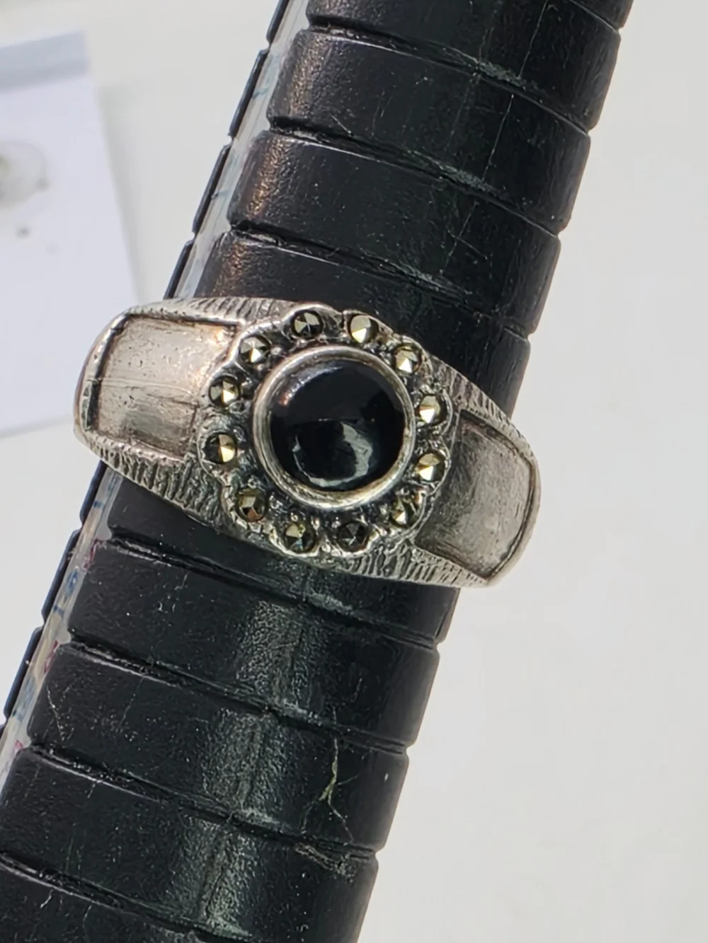Vintage Black Onyx Marcasite Halo Sterling Silver 925 Western Ring Sz 7